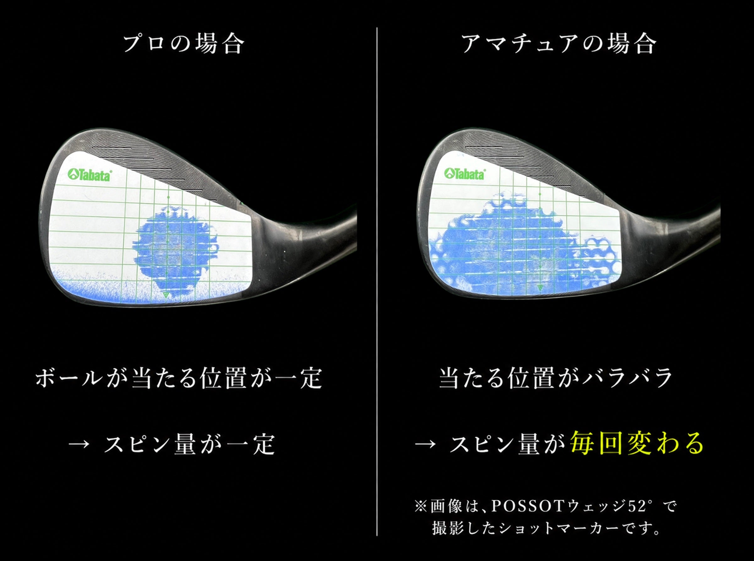 プロとアマチュアのショットマーカー比較。当たる位置がバラバラだとスピン量が毎回変わる。